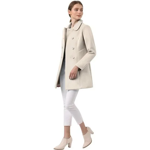 Women's Beige Peter Pan Collar Double Breasted Winter Long Trench Pea Coat - Picture 5 of 8